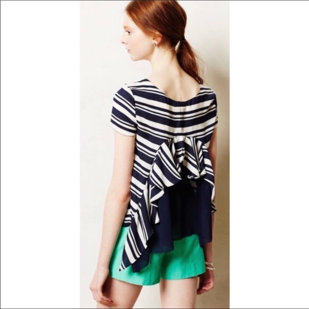 Anthro Maeve Navy Striped Ruffle Back Blouse Top - Picture 3 of 7